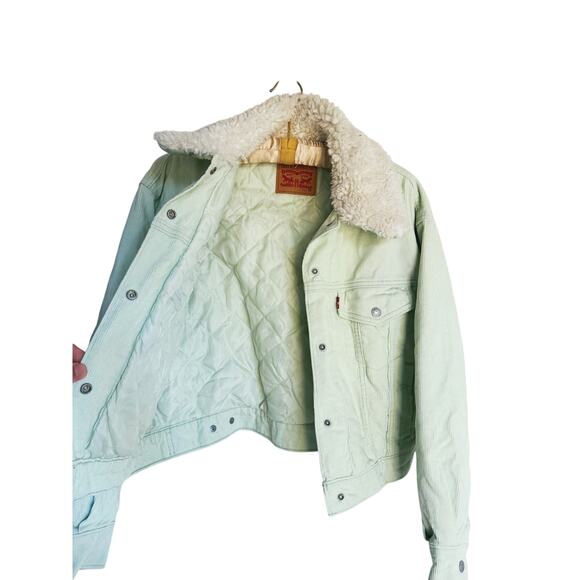 Levis Womens Cropped Corduroy Trucker Jacket Sherpa Lined Collar XS Mint Green - Picture 6 of 15